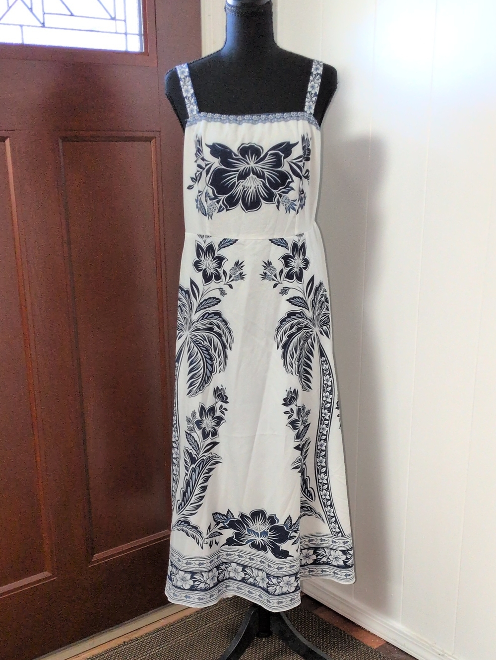 SHEIN White Maxi Dress with Navy Floral Print Size XL